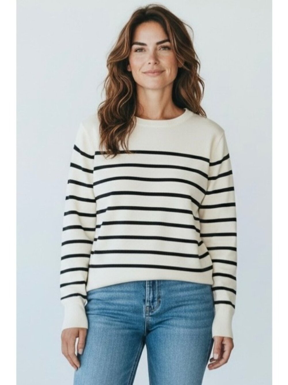 CROFT & BARROW White + Navy Blue Striped Crewneck Long Sleeve Sweater NWT Large